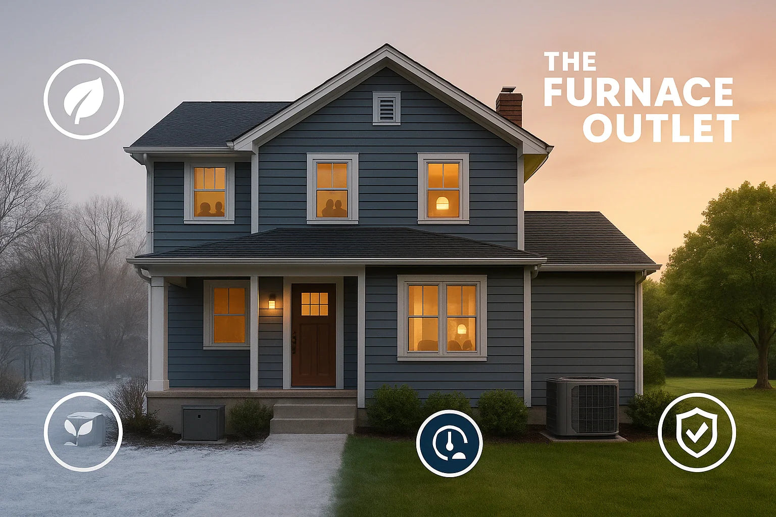 Suburban home split between winter and summer, showcasing reliable, energy-efficient heating and cooling from The Furnace Outlet.
