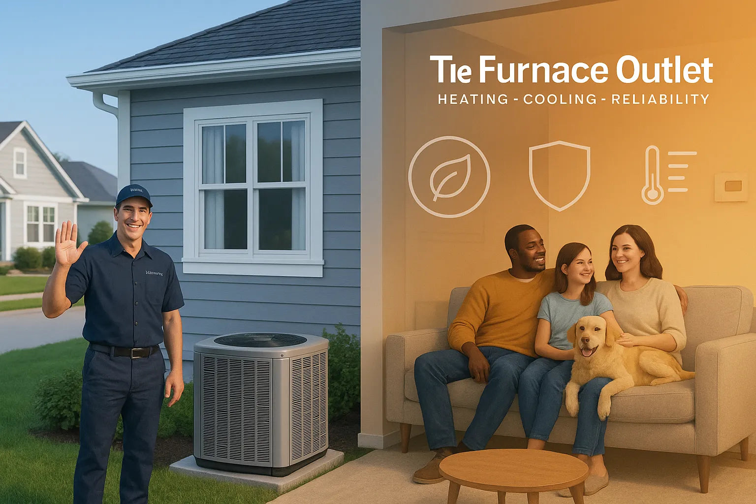 Suburban home with AC condenser and cozy living room, cool-to-warm gradient, friendly tech and family—The Furnace Outlet heating & cooling comfort and efficiency.