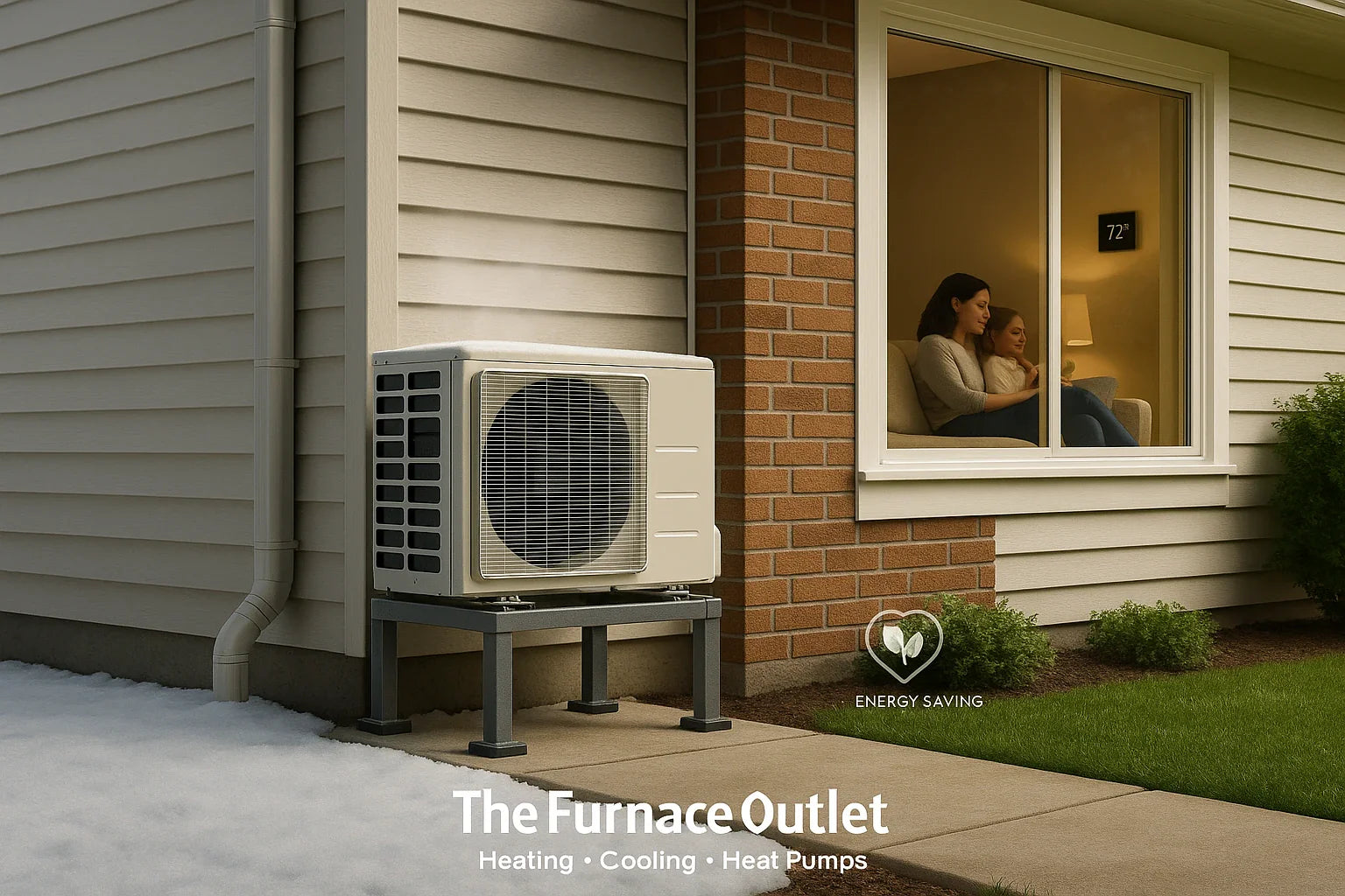 Suburban home with elevated heat pump and split winter-summer yard, illustrating energy-efficient heating and cooling for The Furnace Outlet.