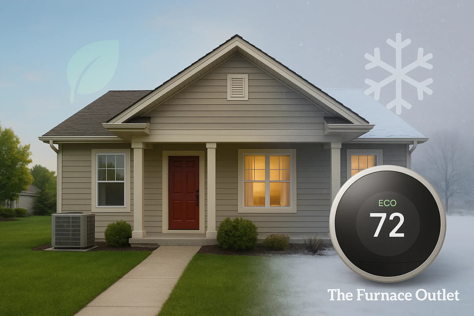 Suburban home with split summerwinter scene and outdoor condenser, symbolizing energy-efficient heating and cooling from The Furnace Outlet.