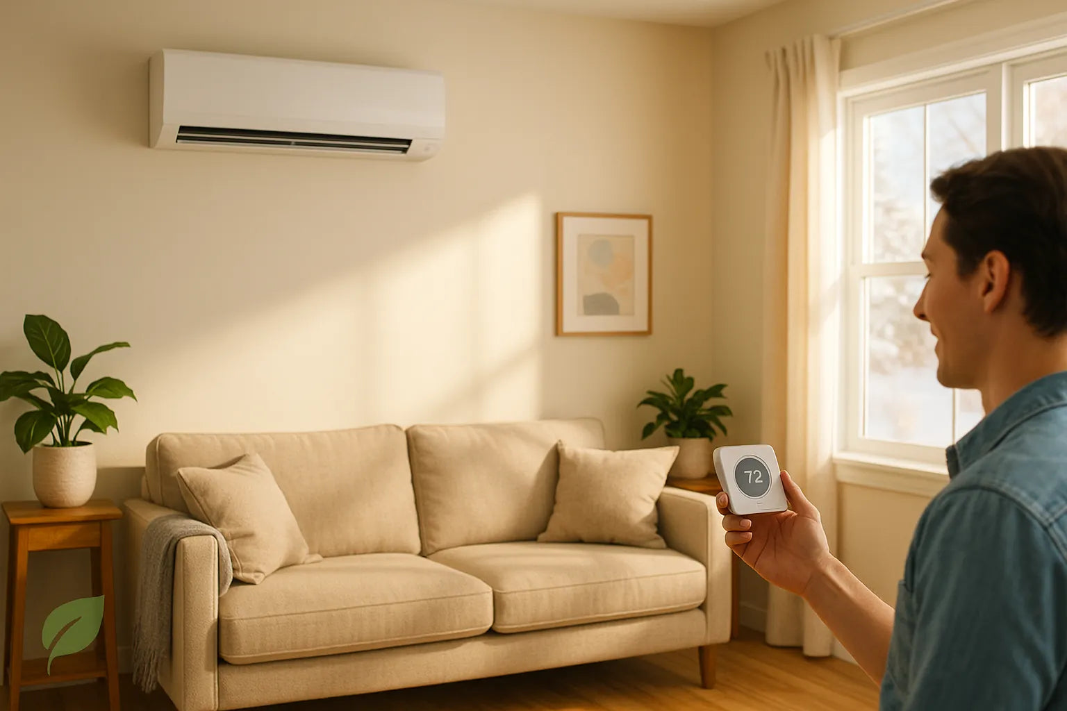 Sunlit American living room with a ductless mini-split above a sofa and a homeowner adjusting a smart thermostat—clean, efficient heating and cooling from The Furnace Outlet.