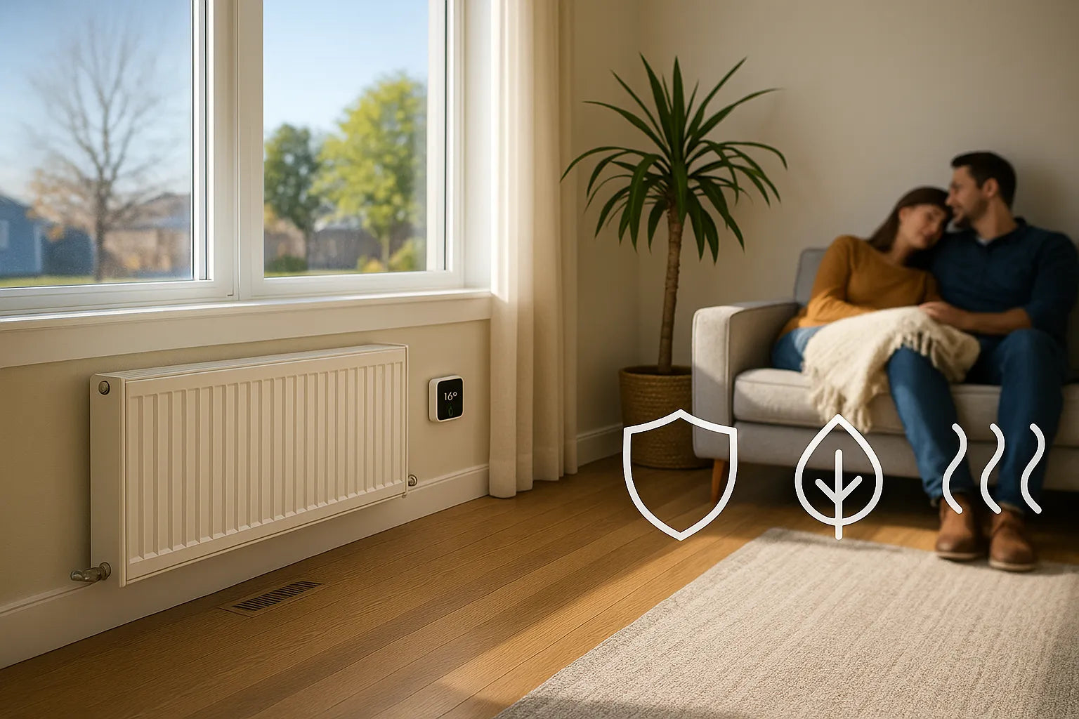 Sunlit living room with hydronic radiator and smart thermostat, conveying efficient, reliable home heating and cooling.