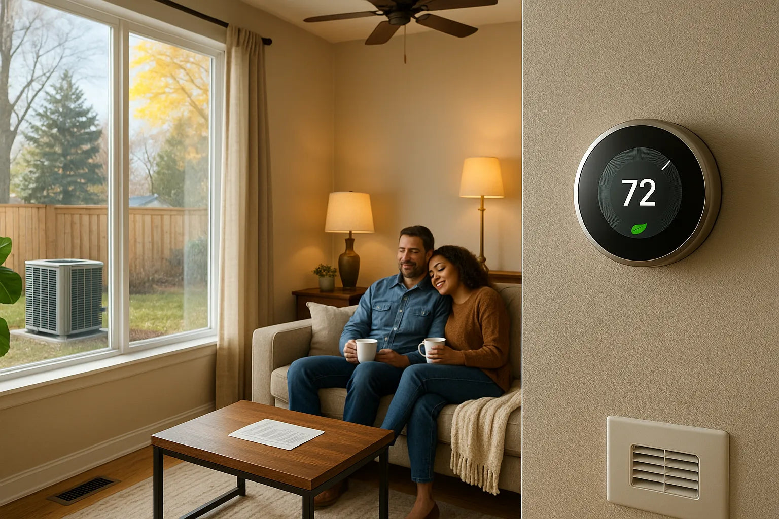 Sunlit living room with smart thermostat and efficient outdoor heat pump, conveying reliable, energy-saving home heating and cooling