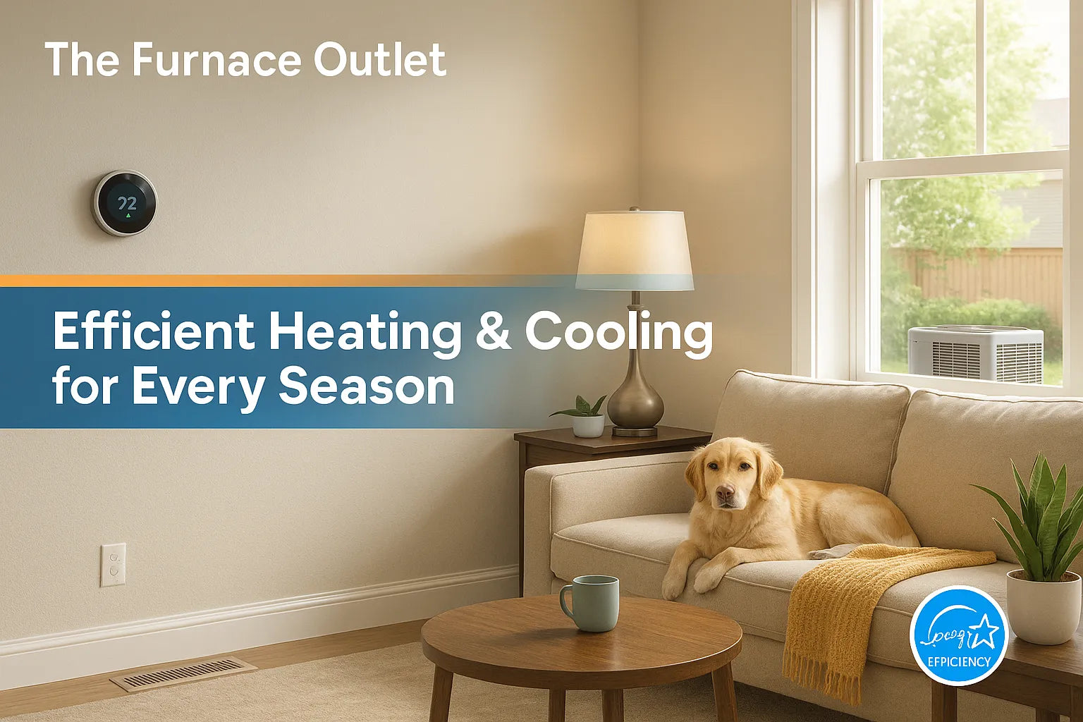Sunlit living room with smart thermostat and outdoor heat pump visible through window, conveying efficient, reliable home heating and cooling by The Furnace Outlet.