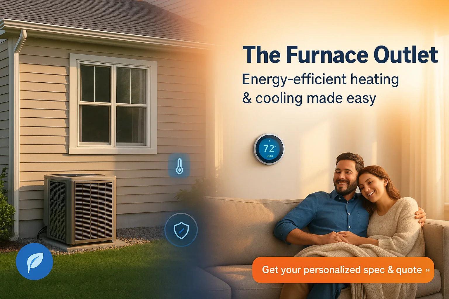 Sunlit split-scene of a suburban home’s outdoor heat pump and a relaxed couple in a cozy living room with a smart thermostat—illustrating The Furnace Outlet’s energy-efficient, reliable home comfort.