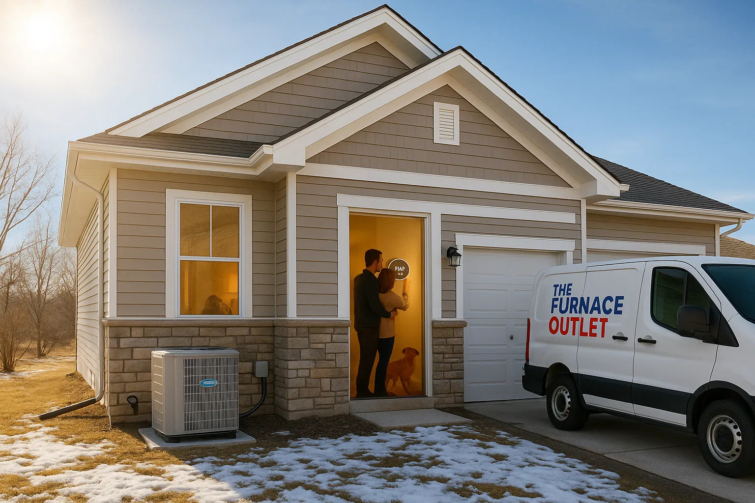 Sunny winter home with dual-fuel heat pump and gas furnace support, showing reliable year-round comfort for Climate Zone 4B.
