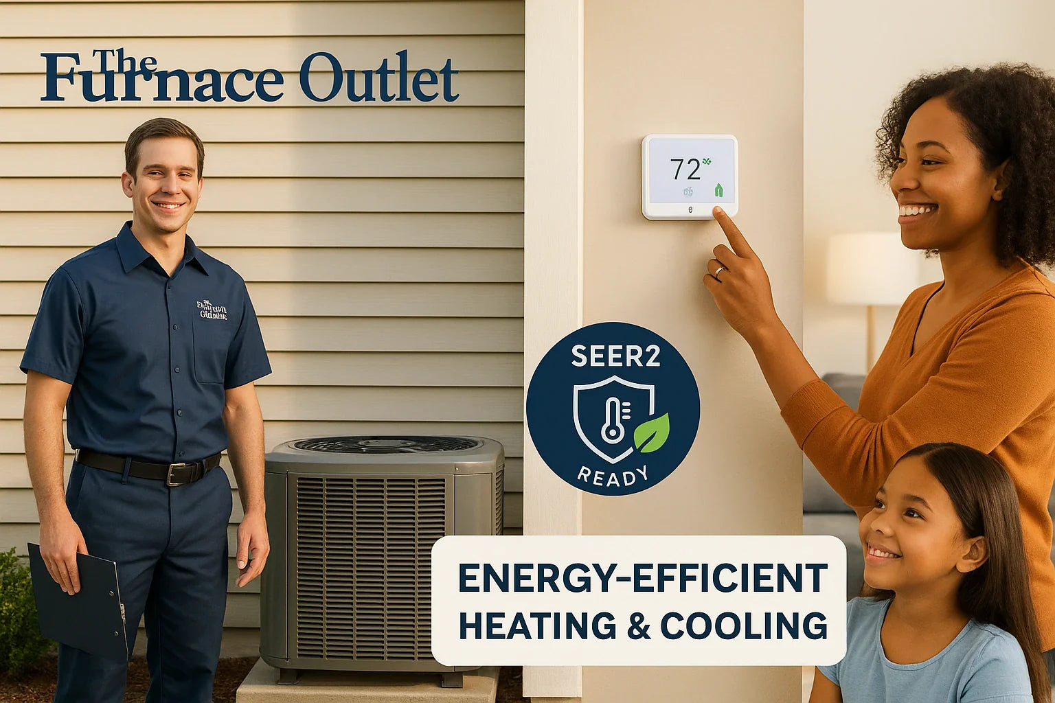 Technician and homeowner by an energy-efficient heat pump and smart thermostat at a U.S. suburban home, conveying reliable, comfortable heating and cooling.