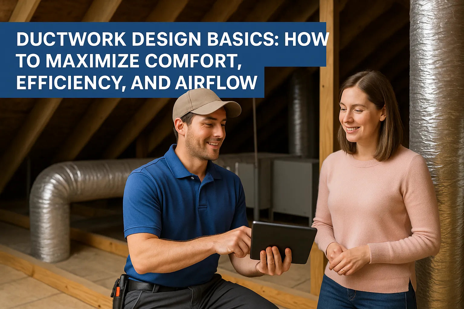 Technician and homeowner discuss ductwork in an attic with visible air ducts and natural lighting.
