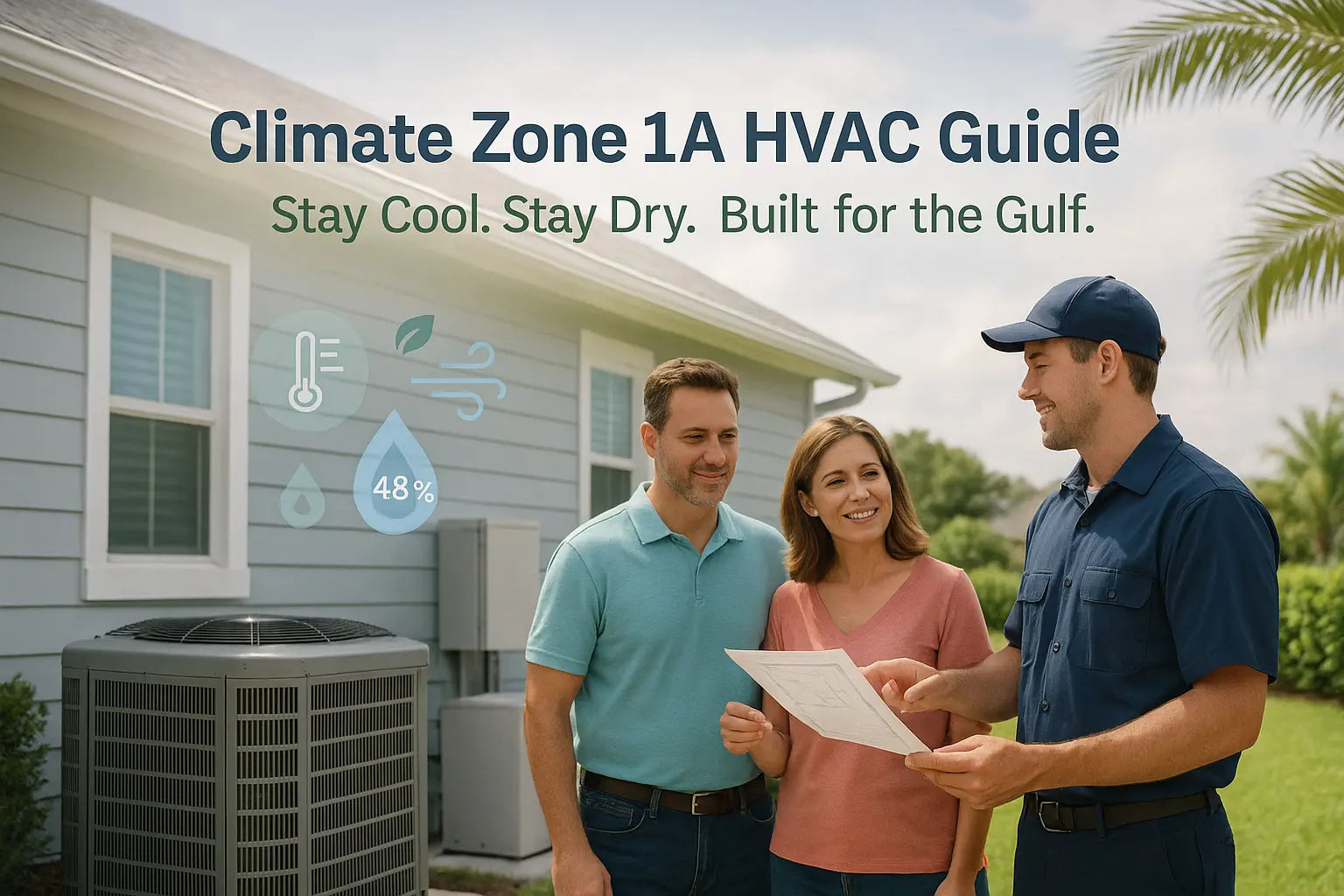 Technician explains HVAC sizing and dehumidification to homeowners outside a Gulf Coast home with coastal-rated equipment.