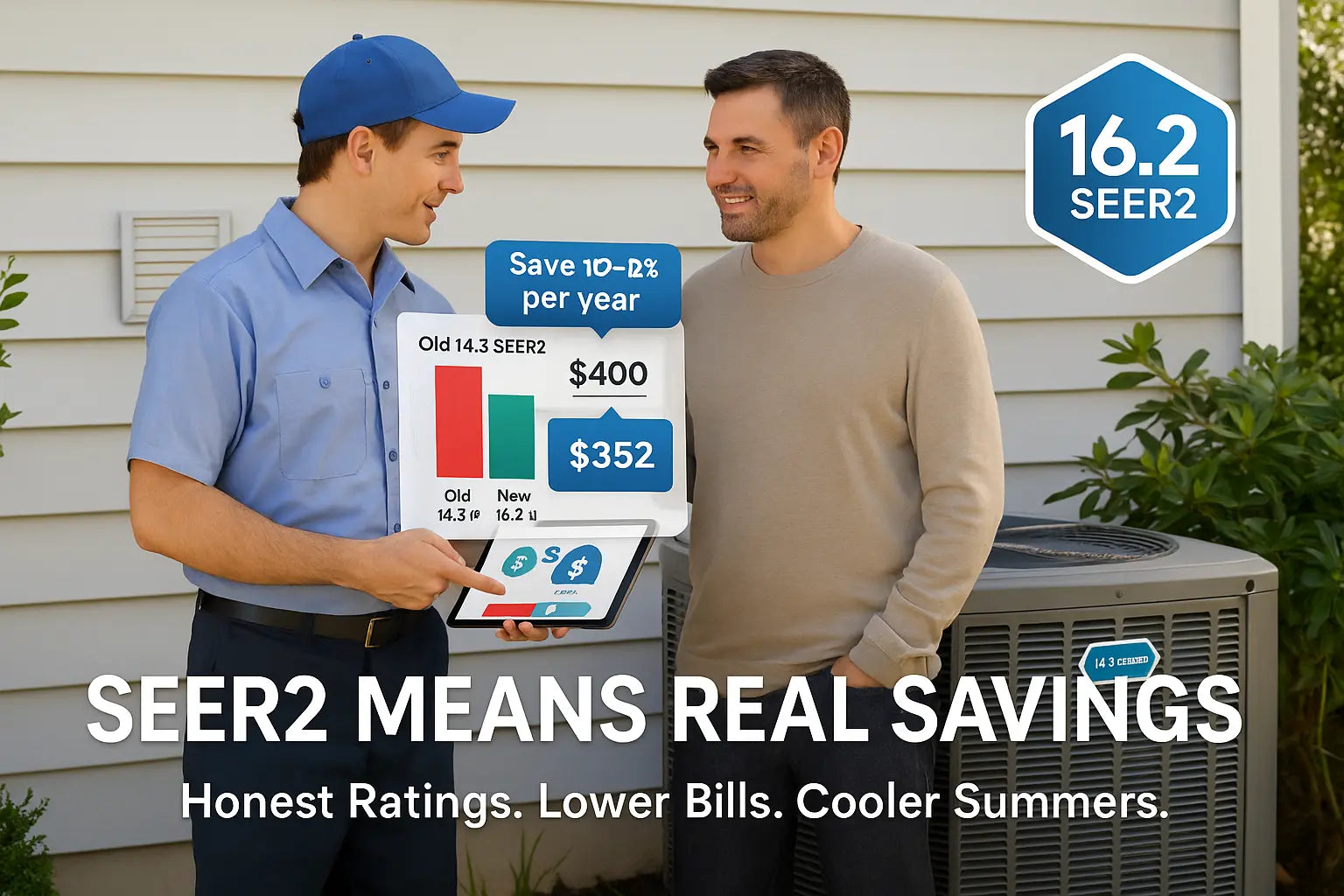 Technician explains SEER2 energy savings to homeowner beside a modern air conditioner with savings chart and real-life payback comparison.