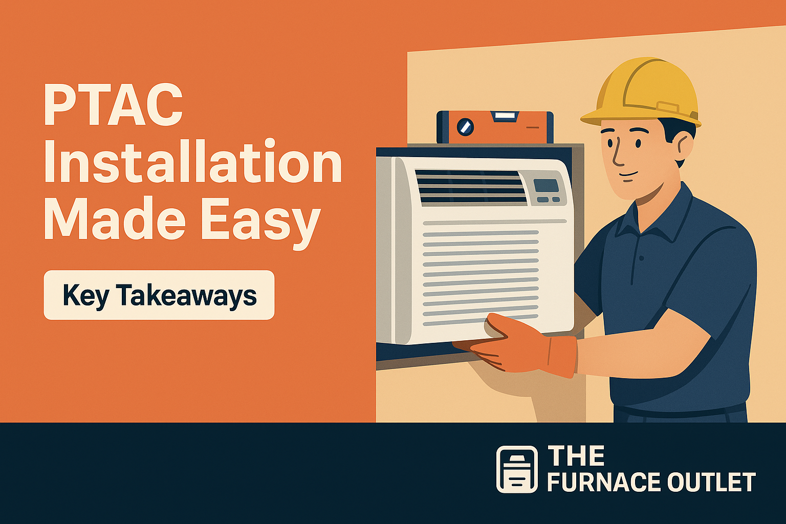 Technician installing a PTAC unit with tools, showcasing proper wall sleeve setup and wiring safety, branded with The Furnace Outlet.