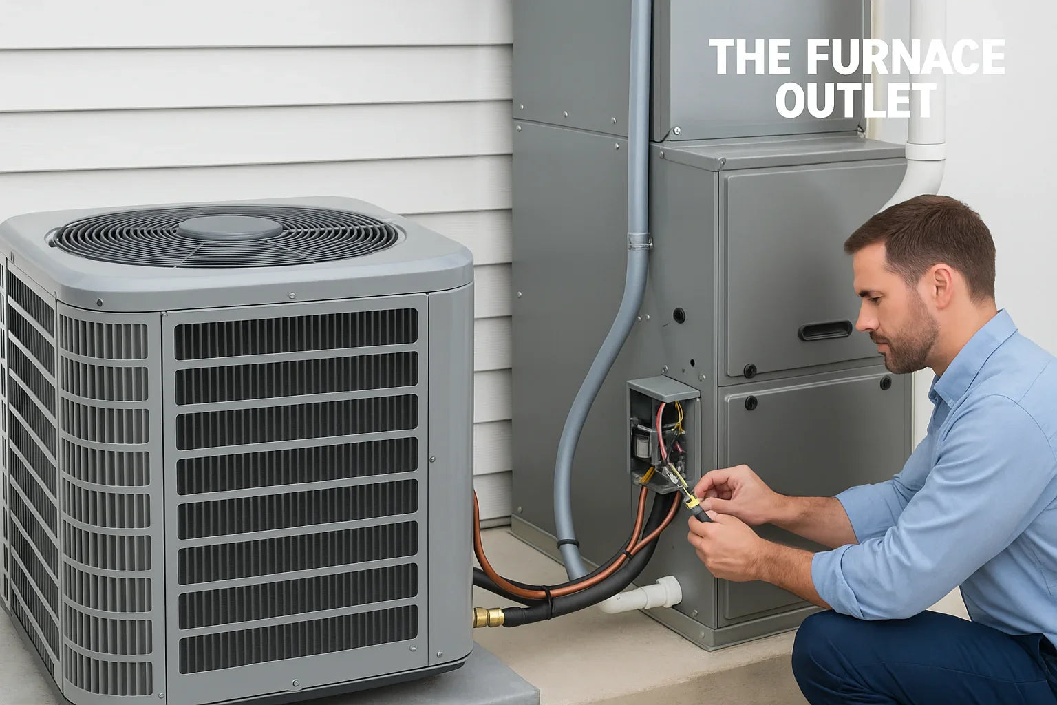 Technician installing a central air conditioning system next to a furnace unit outside a home.
