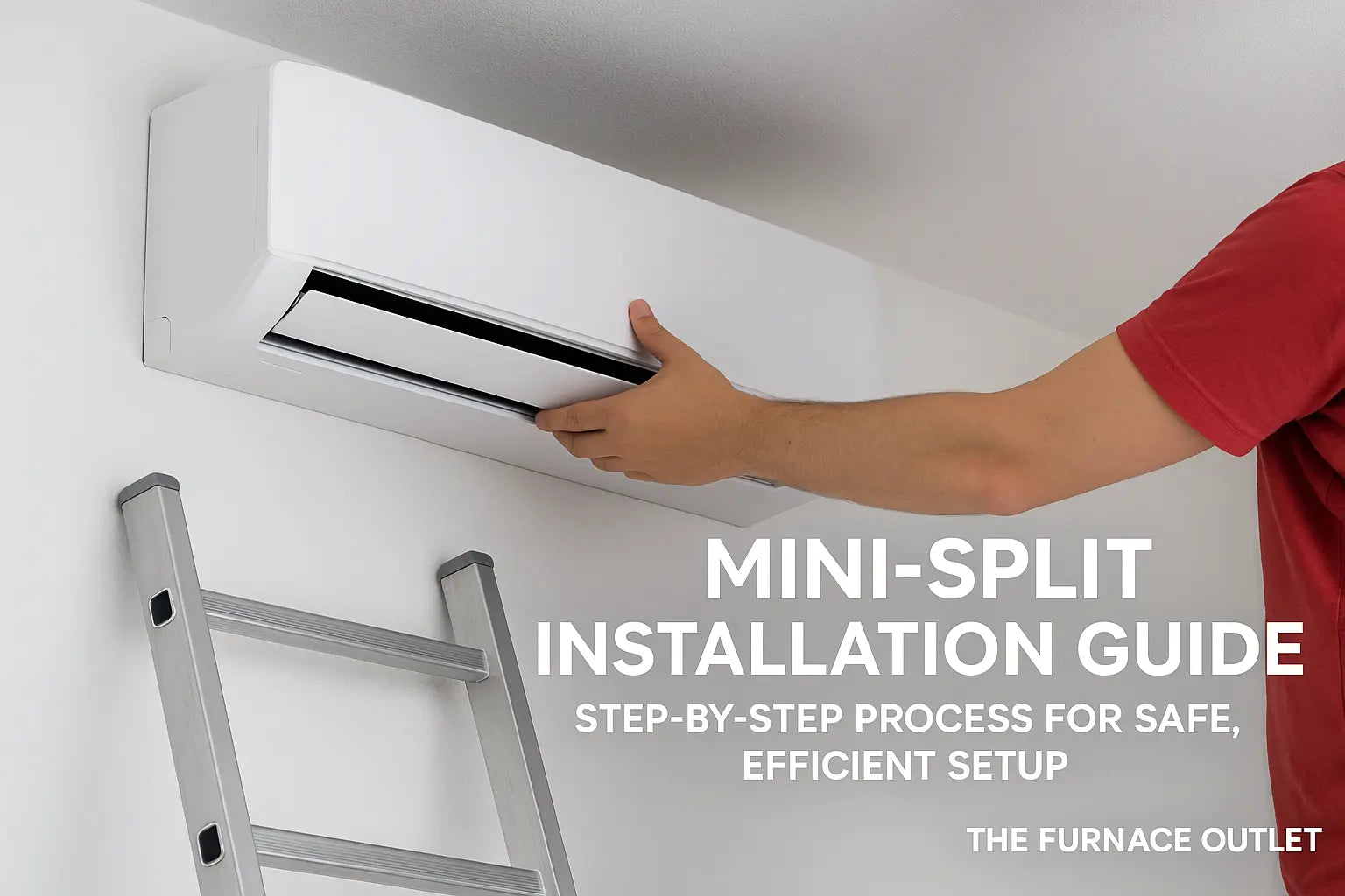 Technician installing a ductless mini-split indoor unit on a wall using a ladder, representing The Furnace Outlet's installation guide.