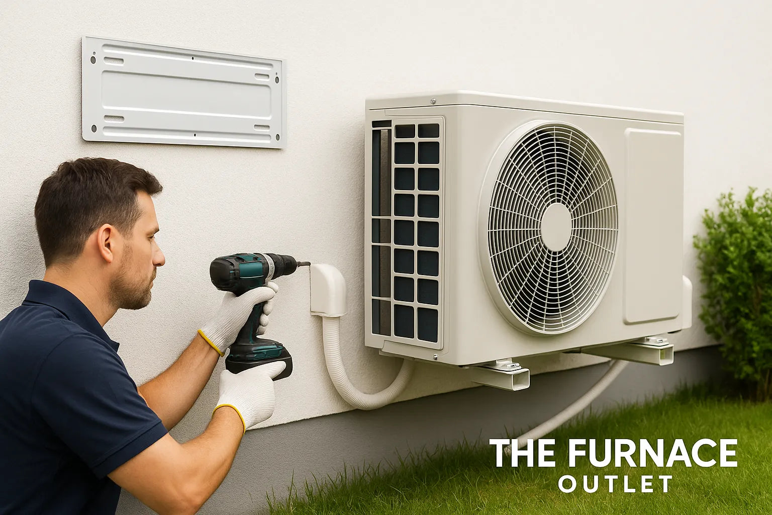 Technician installing a mini-split air conditioning system outside a home, branded with The Furnace Outlet logo