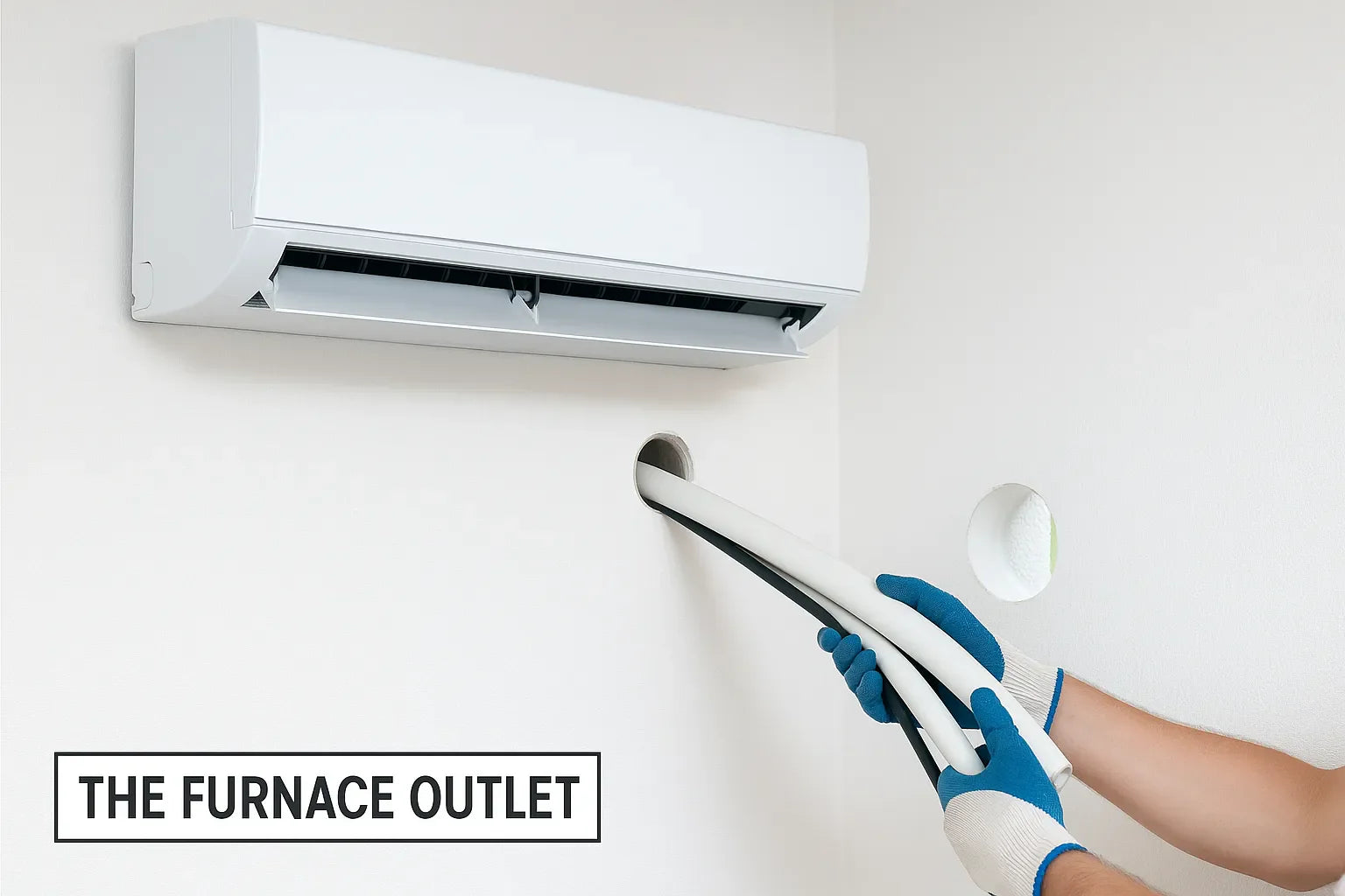 Technician installs insulated mini-split lineset through a drilled wall hole beneath an indoor unit.