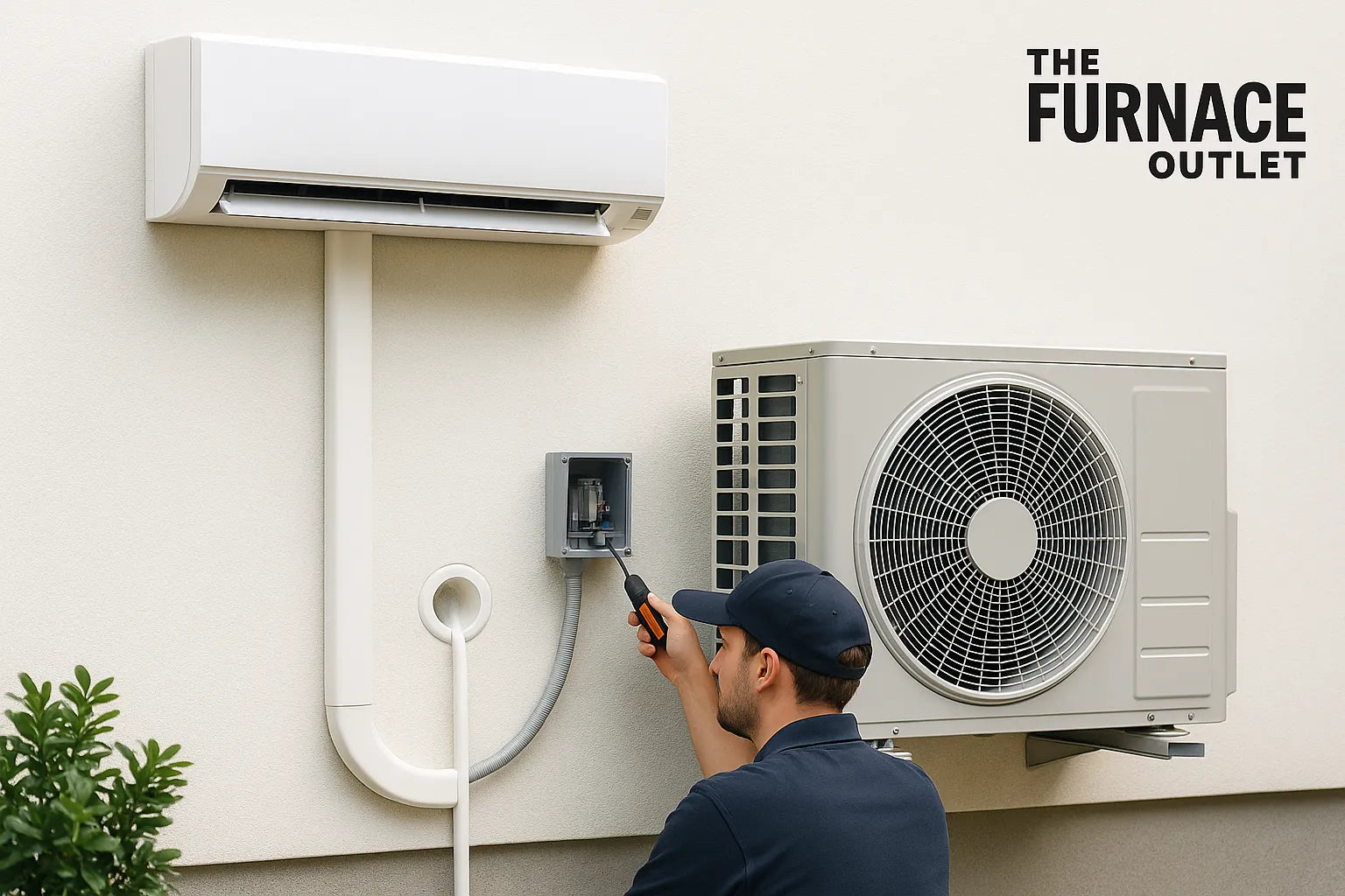 Technician installs mini split air conditioner on exterior wall, showing both indoor and outdoor units, with The Furnace Outlet logo in corner.