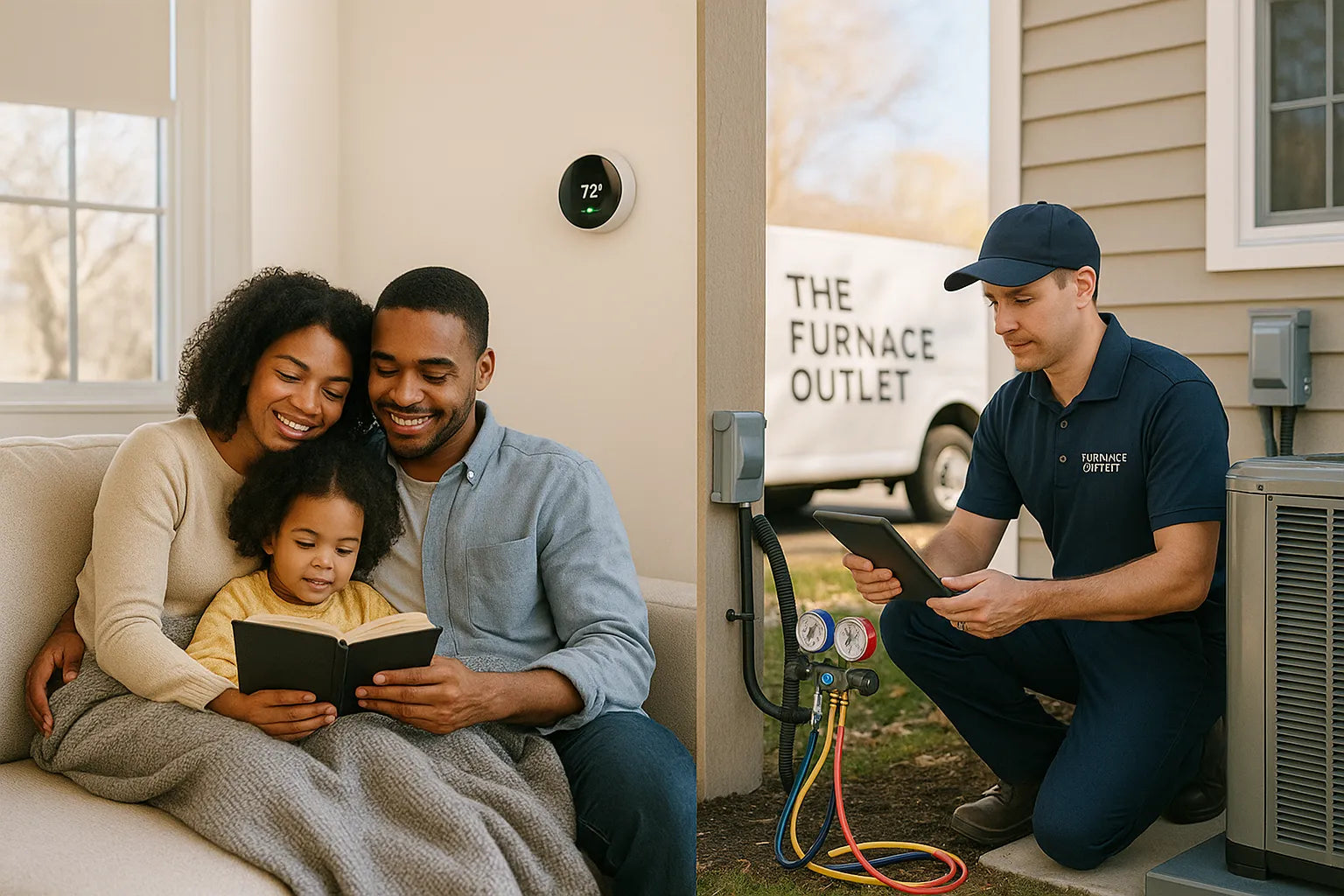 Technician servicing an efficient outdoor heat pump while a family relaxes indoors—The Furnace Outlet, residential heating and cooling.