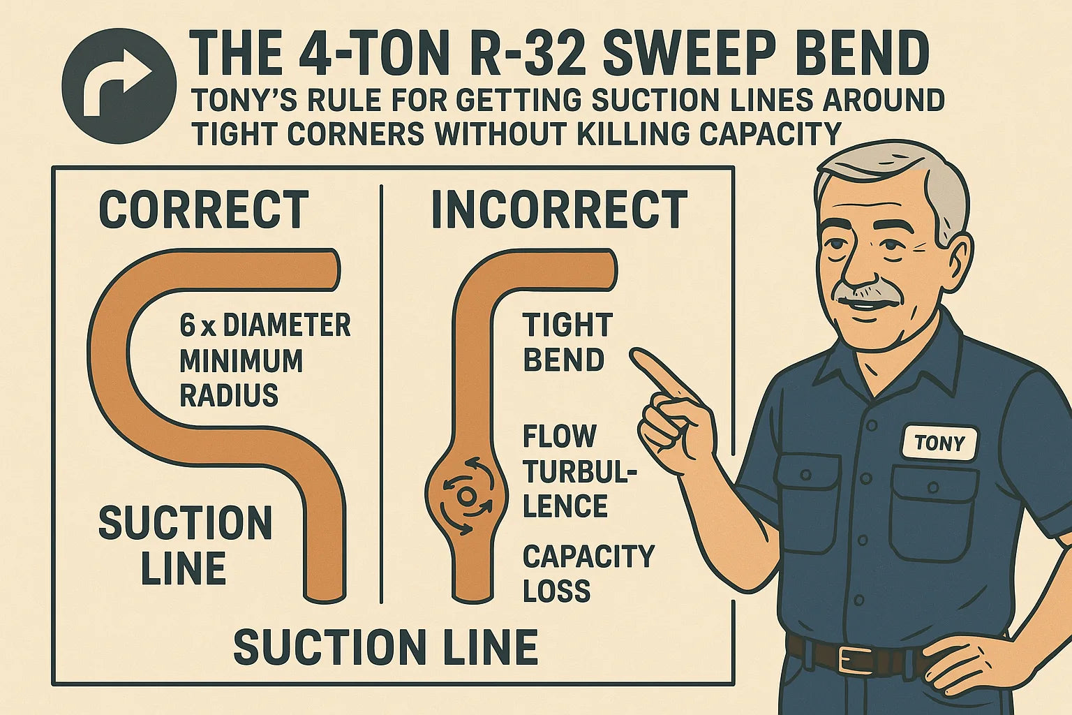 The 4-Ton R-32 Sweep Bend — Tony’s Rule for Getting Suction Lines Around Tight Corners Without Killing Capacity