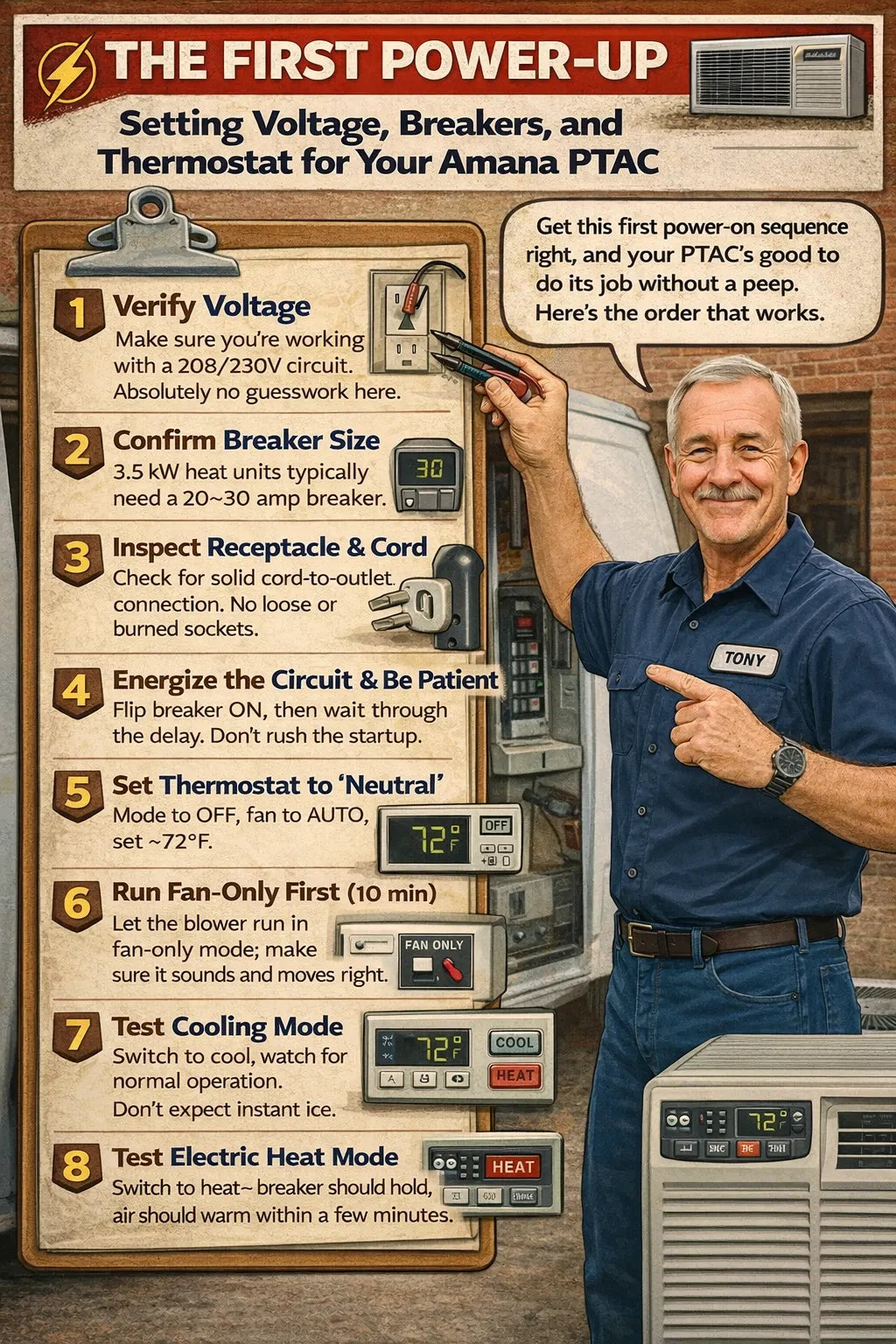 The First Power-Up: Setting Voltage, Breakers, and Thermostat for Your Amana PTAC