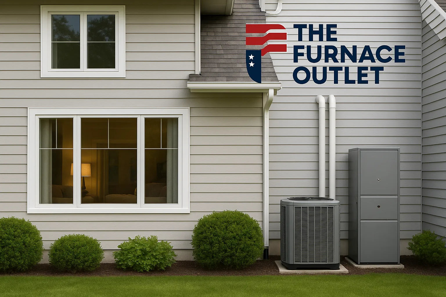 Residential HVAC system beside a modern home with The Furnace Outlet branding, representing energy-efficient heating and cooling solutions.