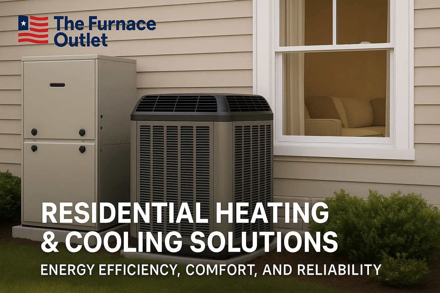 Outdoor view of an HVAC system beside a windowed home, promoting energy-efficient heating and cooling.