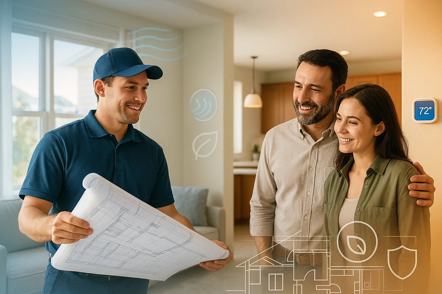 The Furnace Outlet hero image—friendly HVAC technician reviewing blueprints with homeowners in a modern U.S. home, subtle heatingcooling and energy-efficiency cues visible.