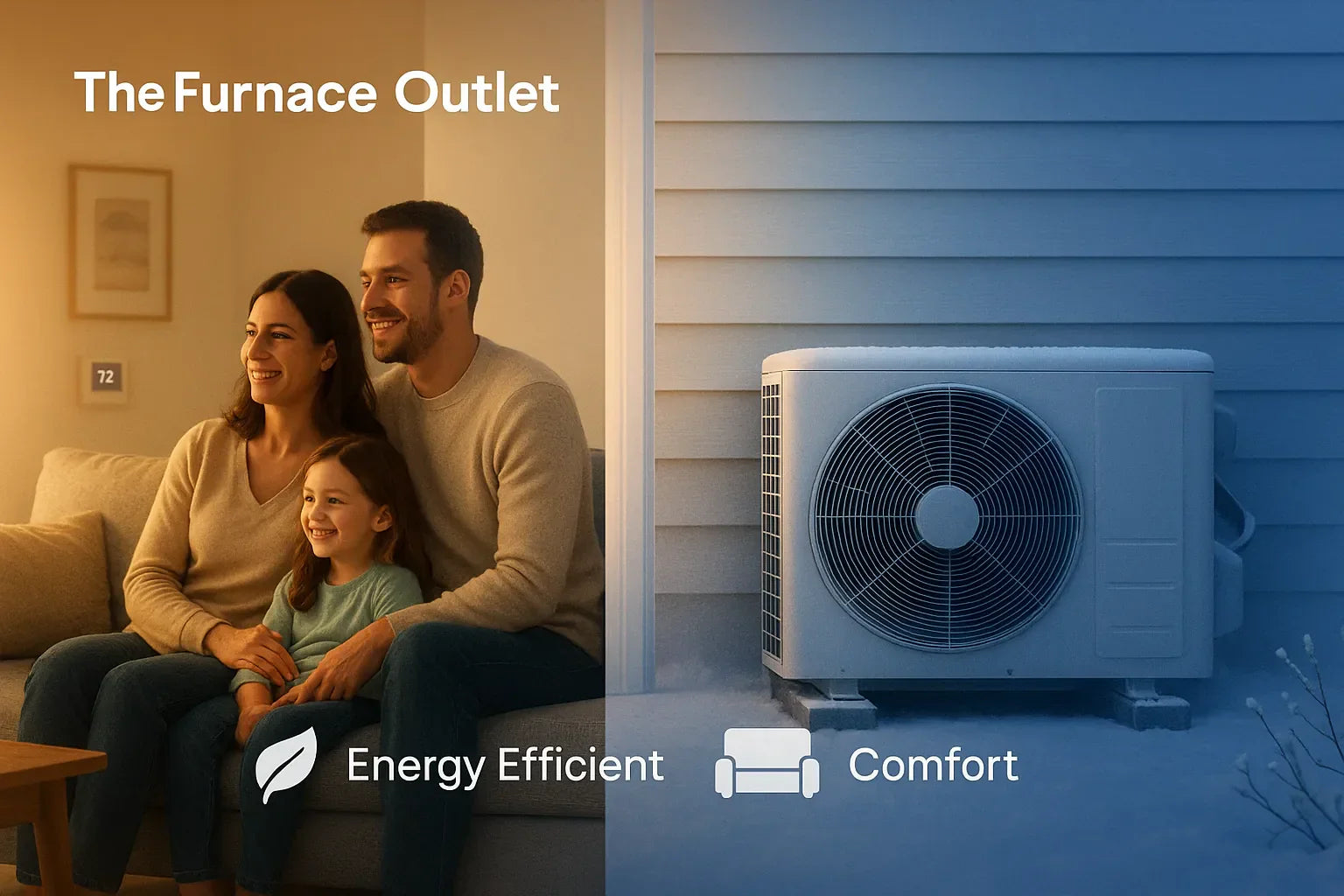 The Furnace Outlet hero image showing a cozy living room beside an outdoor heat pump in light snow, conveying efficient, reliable home heating and cooling.