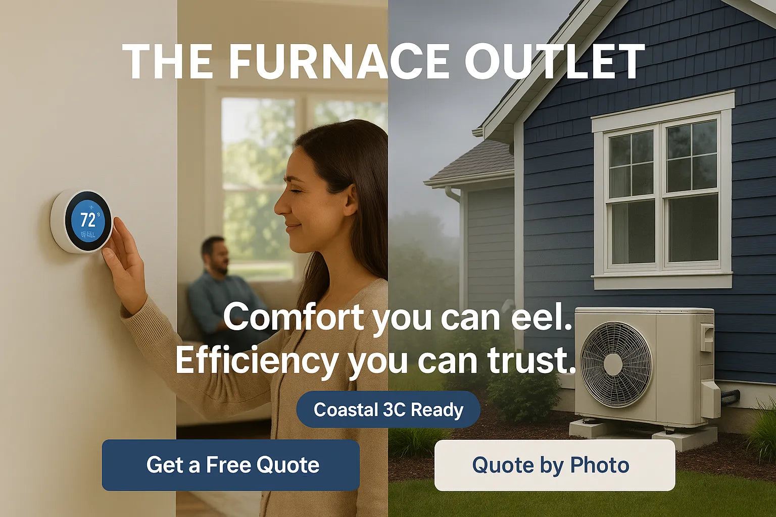 The Furnace Outlet hero image split scene of a cozy living room with a smart thermostat and a coastal home exterior with an efficient heat pump, conveying reliable, energy-saving comfort.