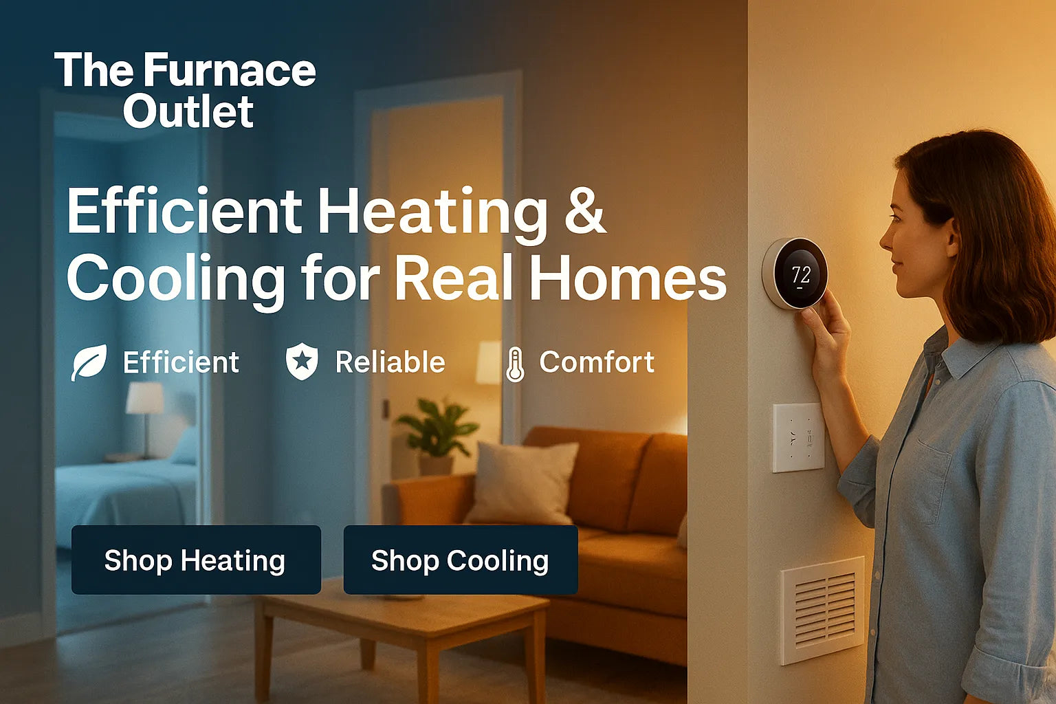 The Furnace Outlet hero showing a U.S. home split between cool and warm rooms, a homeowner adjusting a smart thermostat, and icons for efficiency, reliability, and comfort.