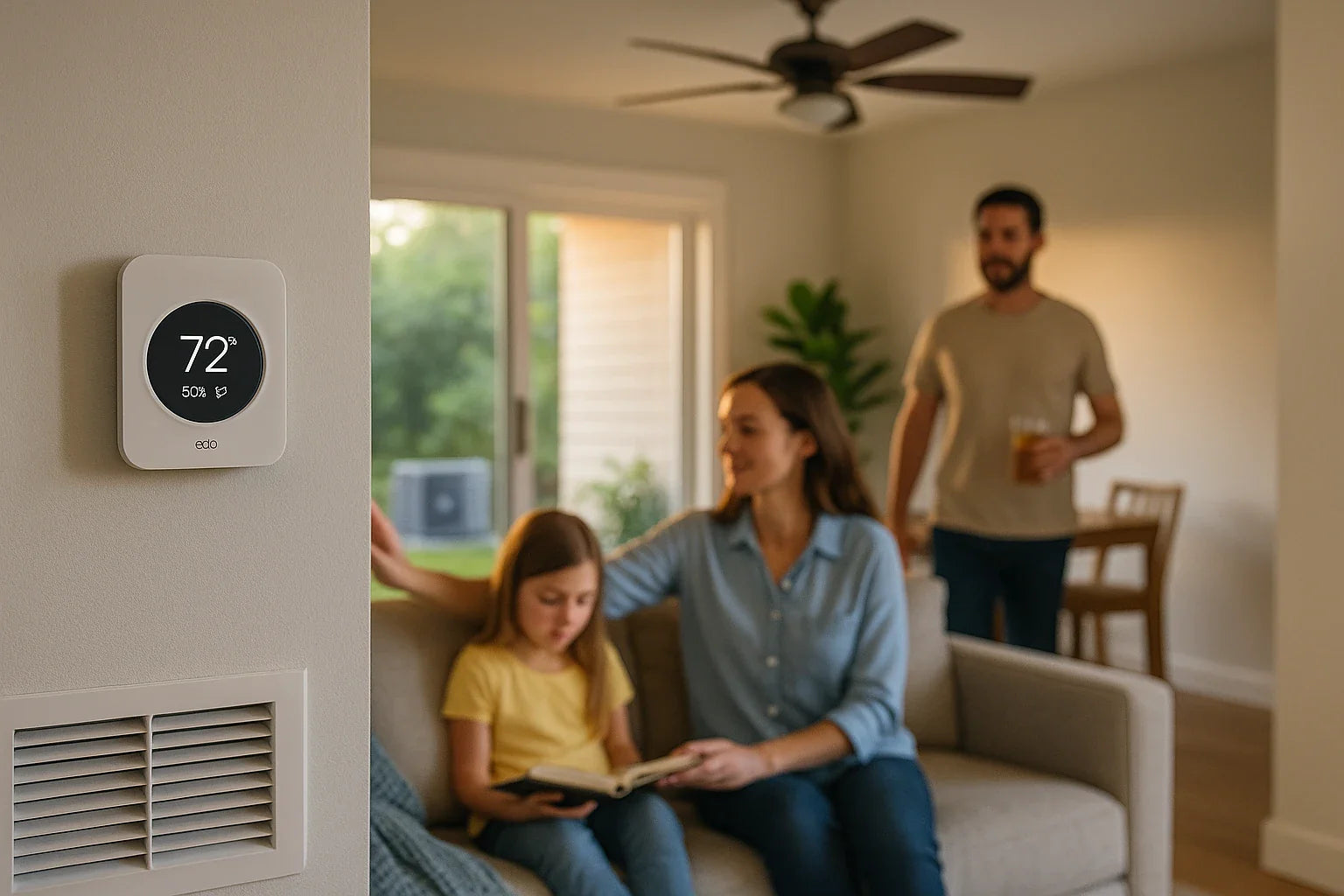 The Furnace Outlet hero showing a real family living room with smart thermostat and outdoor heat-pump in view, conveying energy-efficient, reliable home comfort (1200×800).