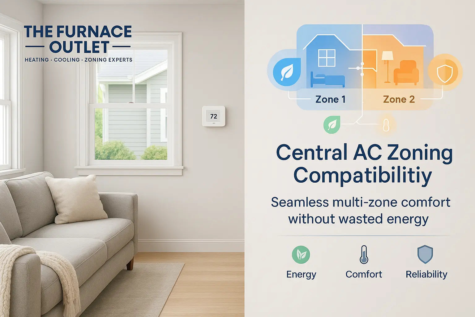 The Furnace Outlet hero showing a zoned, energy-efficient home interior with thermostat—highlighting comfortable, reliable HVAC.