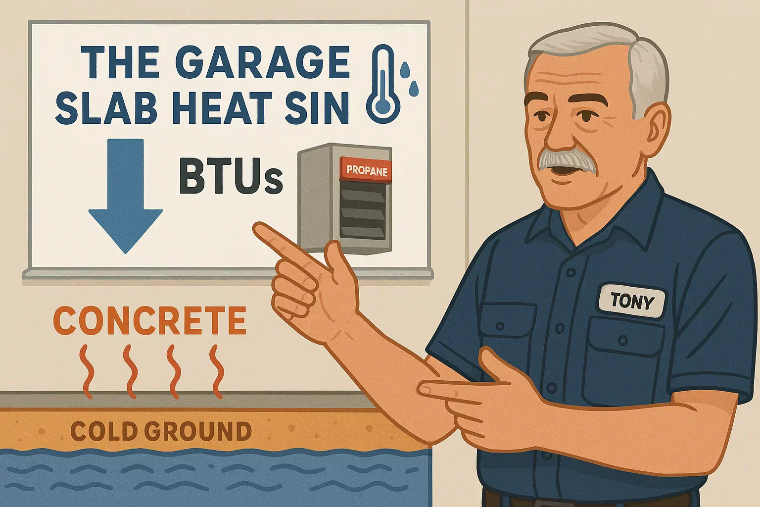 The Garage Slab Heat Sink — Why Concrete Eats BTUs and How Tony Adjusts for It