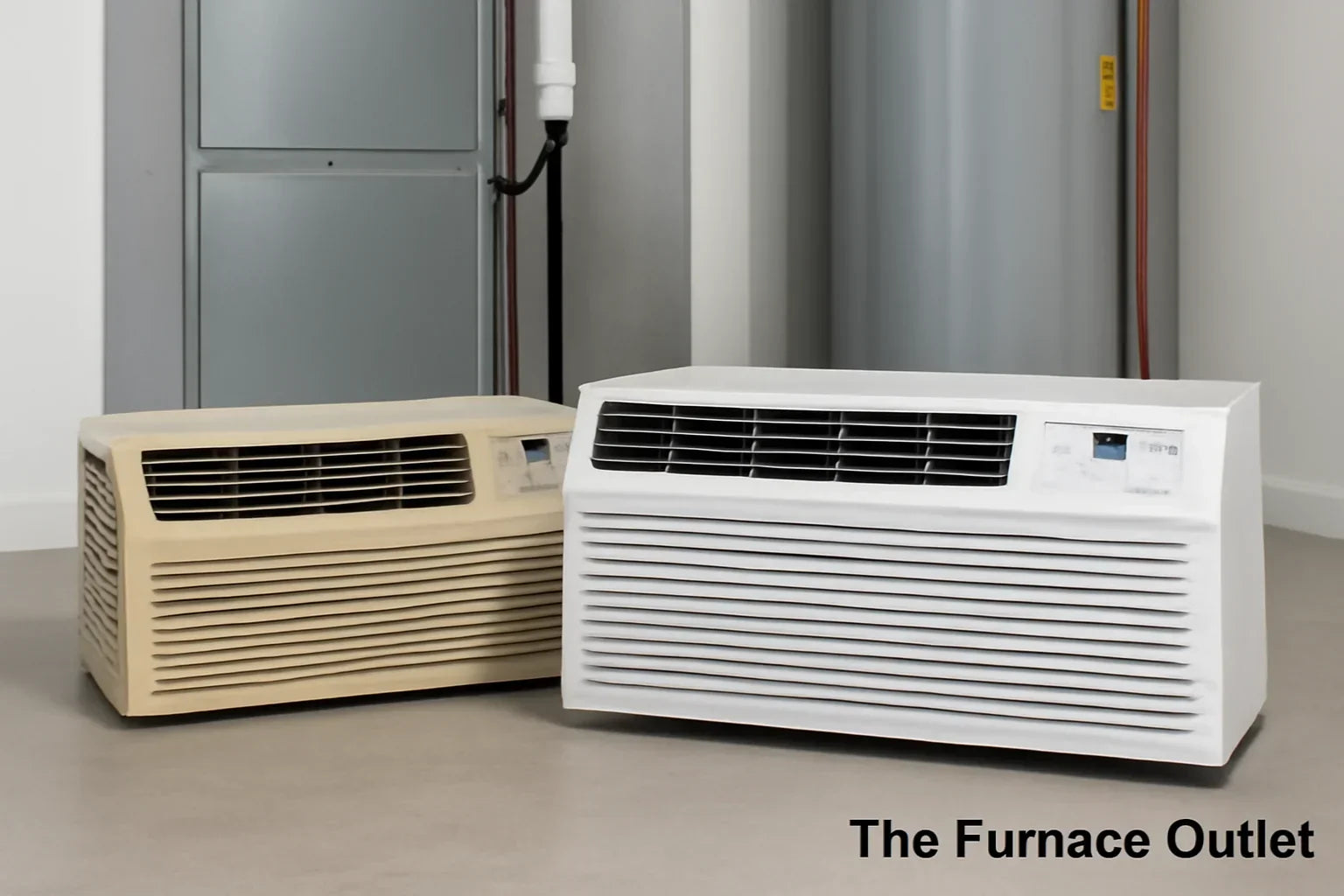 The image shows a side-by-side comparison of an old beige PTAC unit and a modern white PTAC unit in a clean utility space.