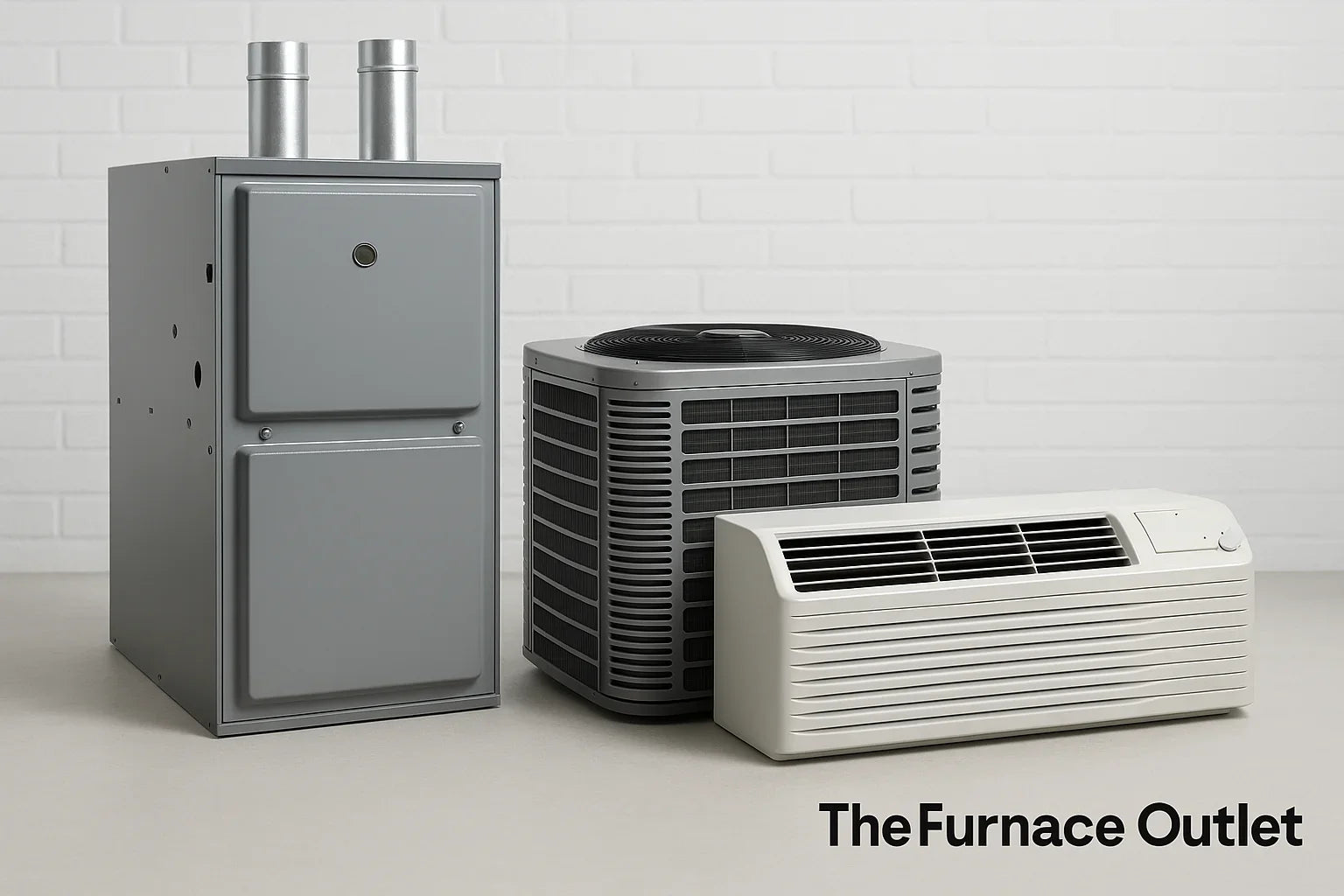 Three HVAC units displayed in a clean studio setting with The Furnace Outlet logo.