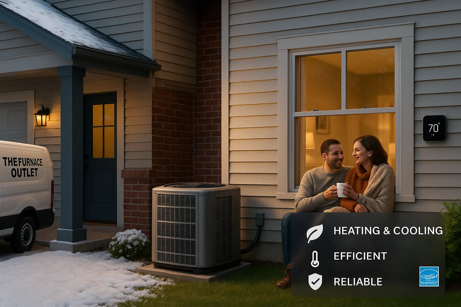 Trusted residential HVAC hero showing a U.S. home with split-season warmth and cooling, highlighting energy-efficient, comfortable, reliable service from The Furnace Outlet.