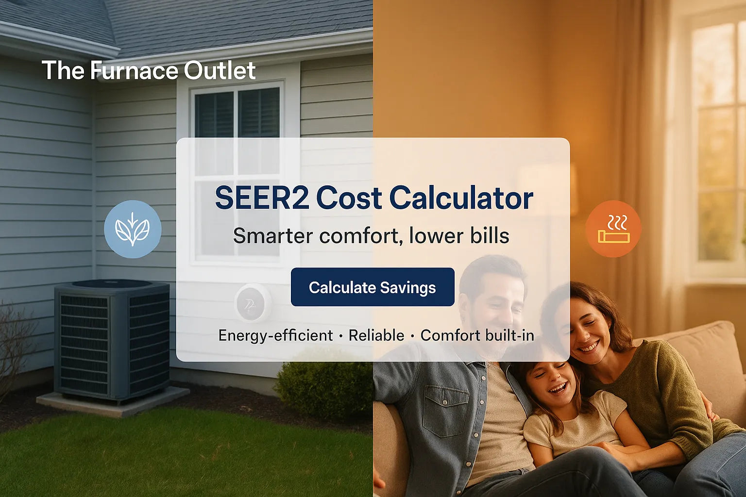Trustworthy HVAC hero showing a home split between cooling and heating with “SEER2 Cost Calculator” overlay for The Furnace Outlet.