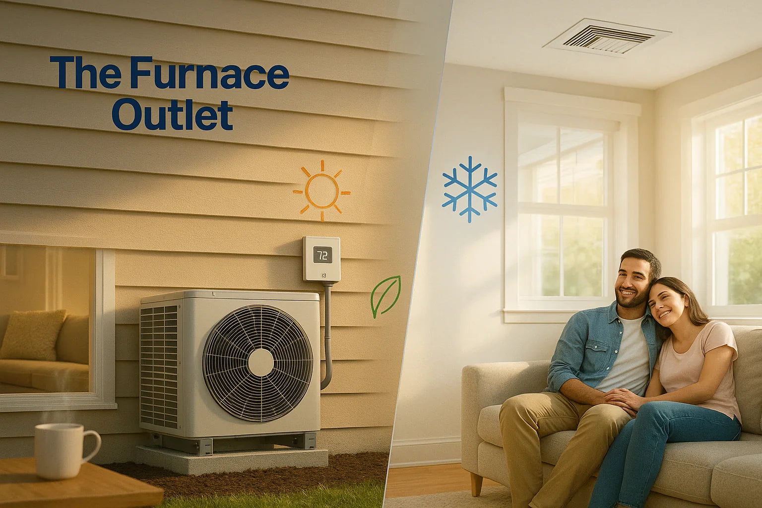 Trustworthy residential HVAC hero showing an energy-efficient heat pump and comfortable family home across warm-cool seasons (1200×800).