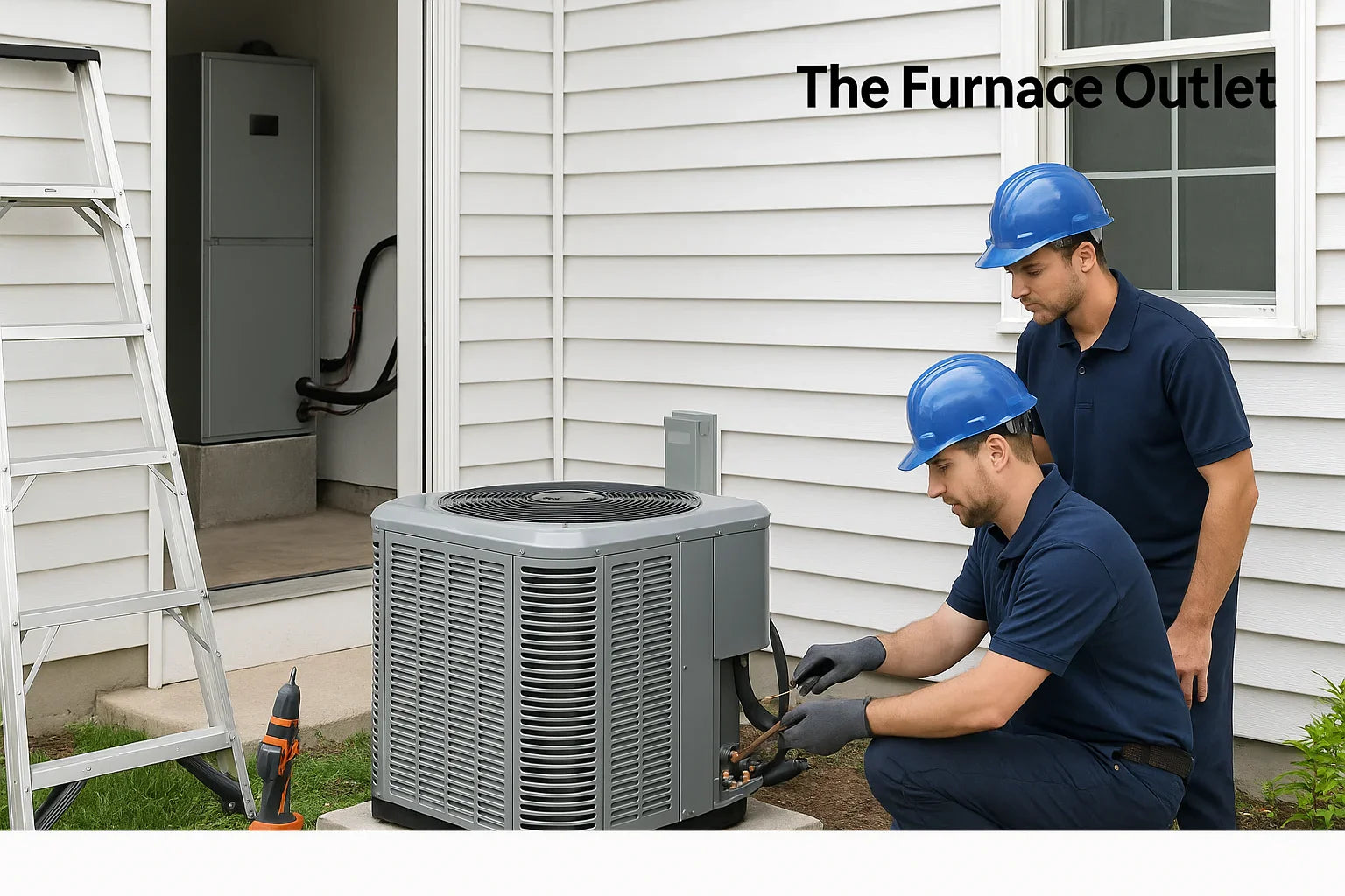 Two HVAC technicians install a central air conditioning unit outside a suburban home.