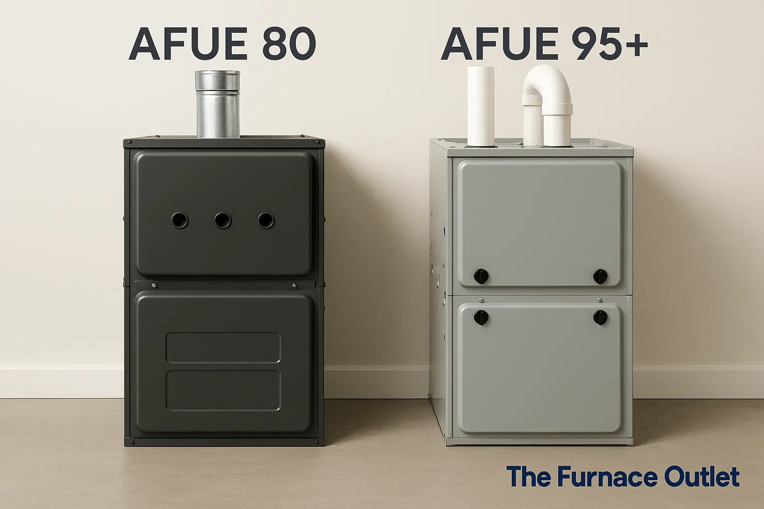 Two furnaces side by side showing difference between AFUE 80 and AFUE 95 models.