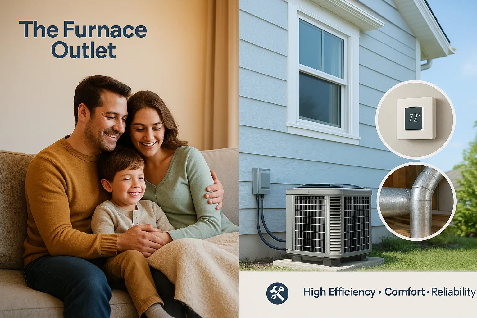 U.S. home hero image showing warm family comfort indoors and efficient outdoor HVAC unit, conveying energy-saving heating and cooling by The Furnace Outlet.