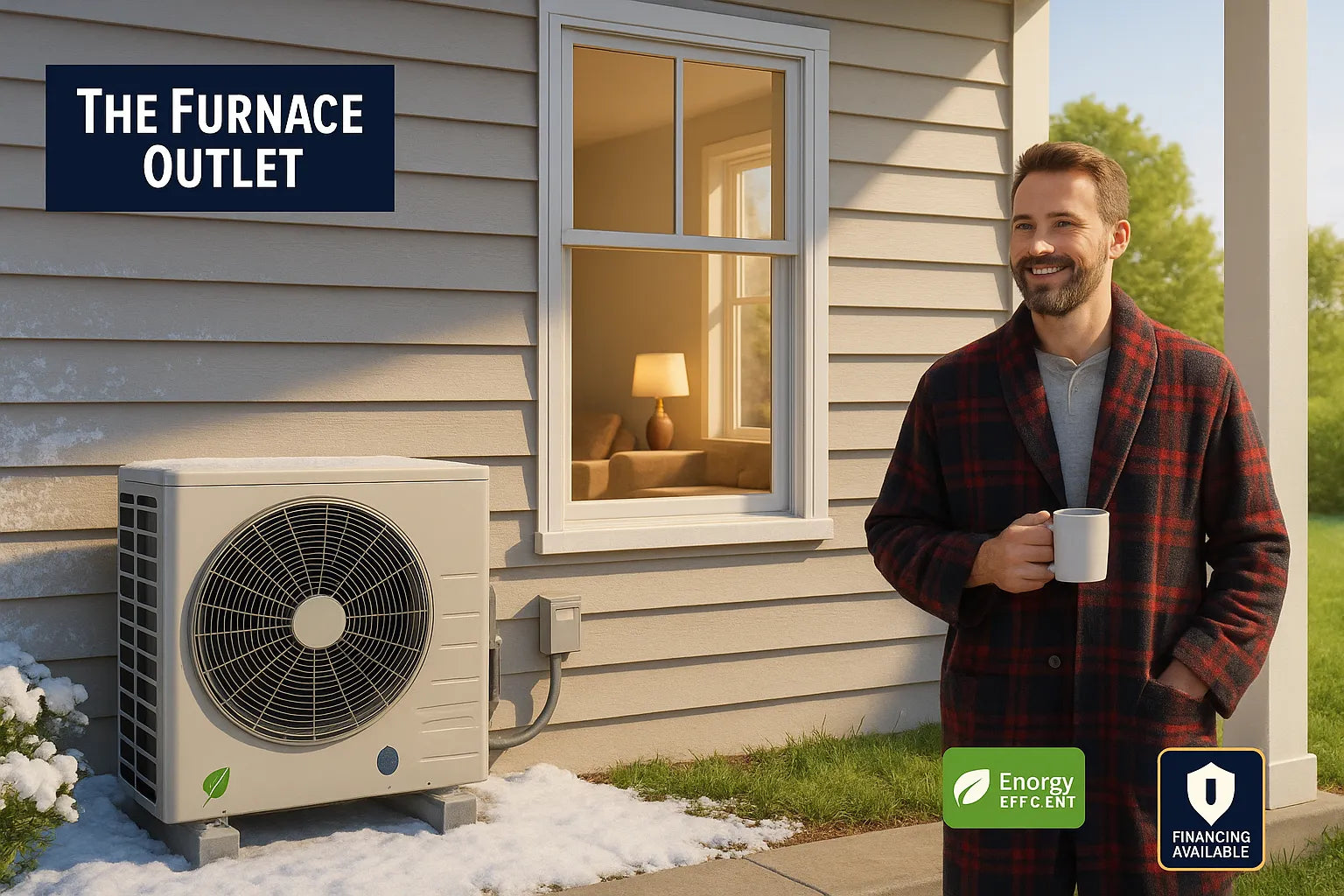 U.S. suburban home with a cold-climate heat pump and relaxed homeowner, showing winter-to-summer comfort and energy efficient reliability for The Furnace Outlet.