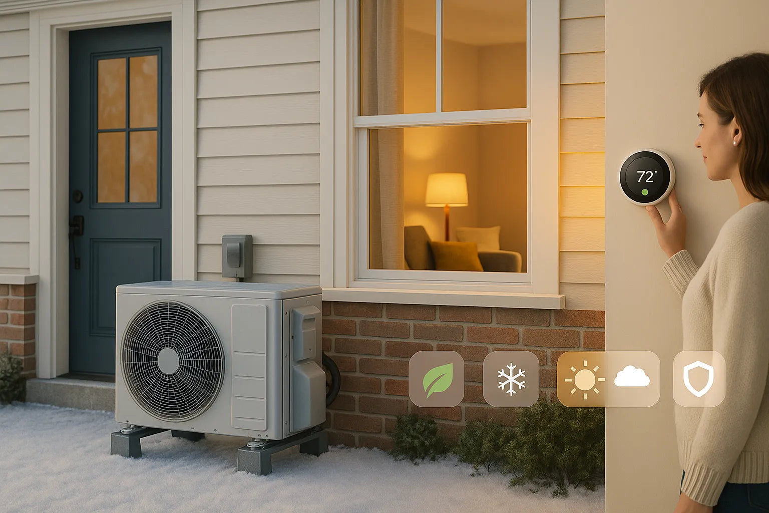 U.S. suburban home with a cold-climate heat pump outside and a homeowner adjusting a smart thermostat inside—clean, energy-efficient heating and cooling.