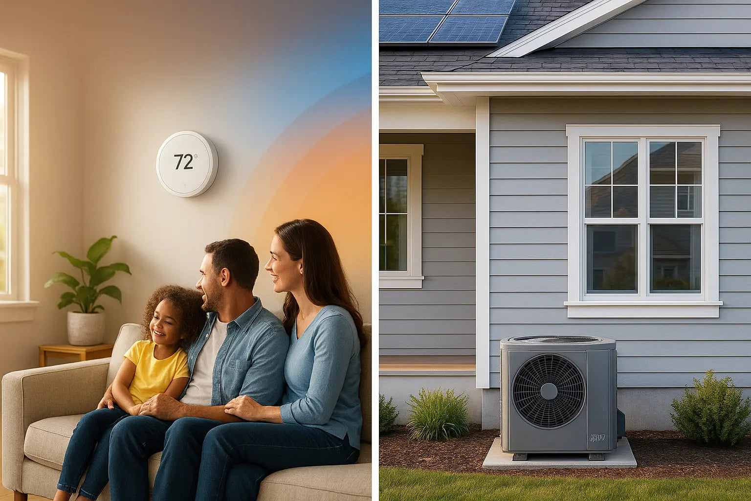 U.S. suburban home with outdoor heat pump and a cozy family by a 72°F thermostat—clean, trustworthy depiction of efficient heating and cooling by The Furnace Outlet.