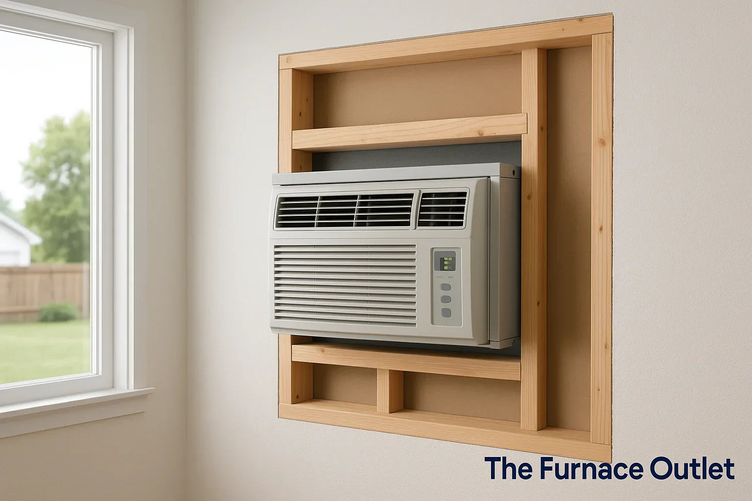 Wall-mounted AC installed in wooden frame inside a home with exterior window view.