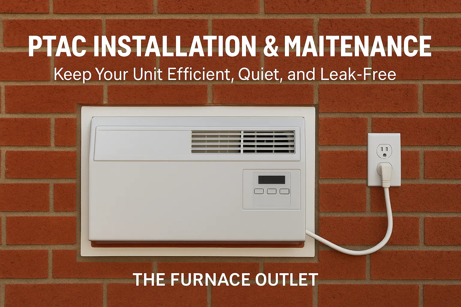 Wall-mounted PTAC unit installed in a red brick wall, with a white power cord plugged into an adjacent outlet, representing professional PTAC installation and maintenance.