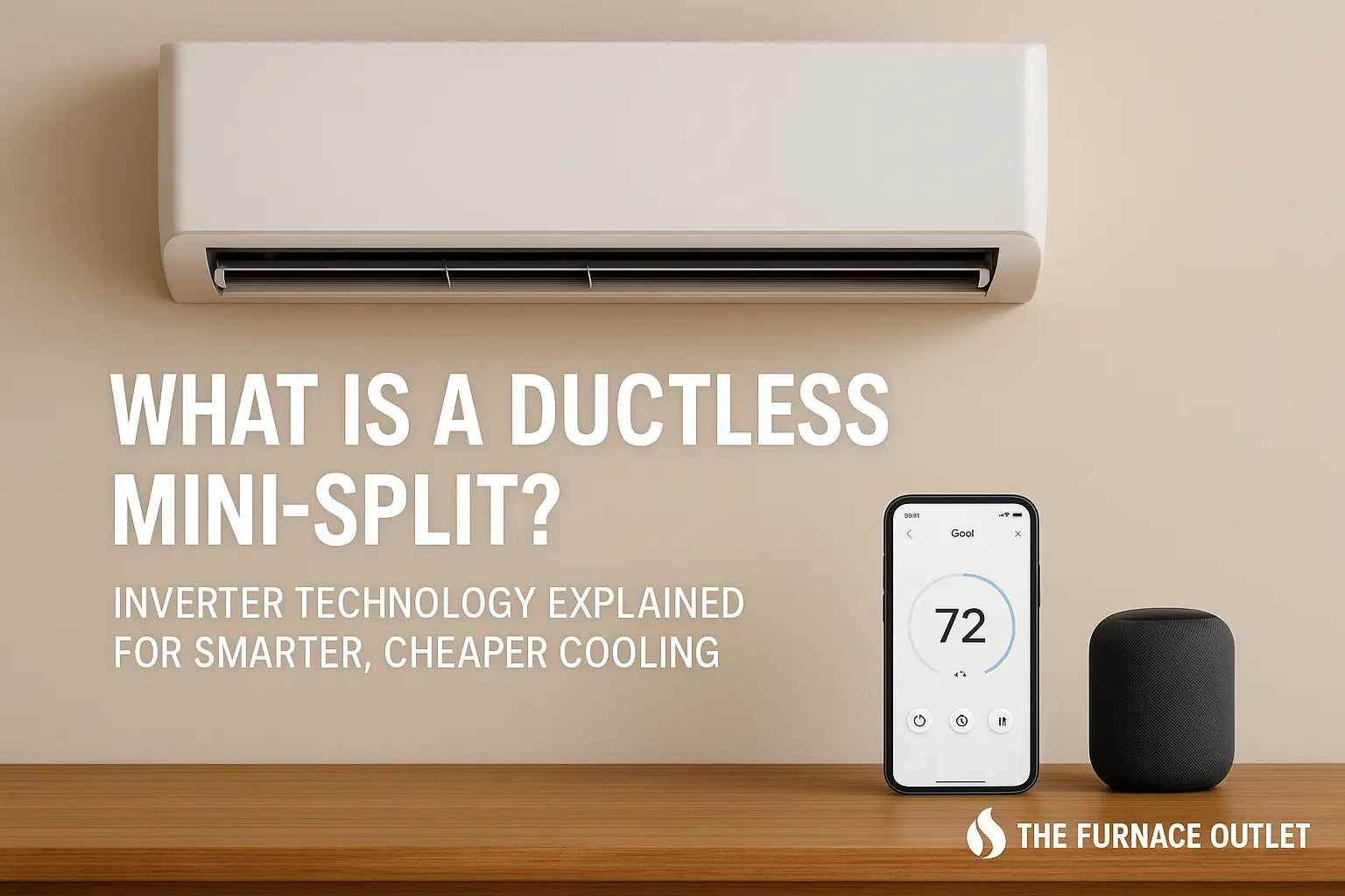 Wall-mounted ductless mini-split with smartphone displaying 72°F and a voice assistant speaker, branded for The Furnace Outlet, representing inverter technology and smart home integration.