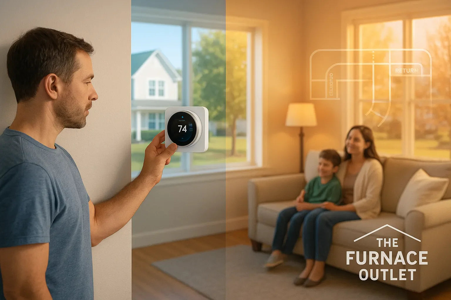 Warm–cool split living room with homeowner adjusting a smart thermostat The Furnace Outlet hero for energy-efficient, reliable home HVAC.