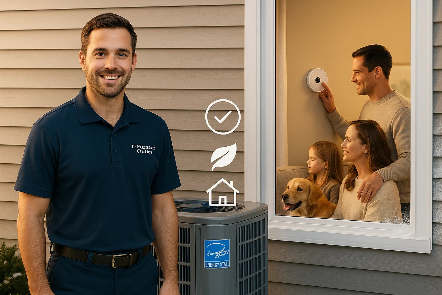 Warm family inside a modern home while a friendly The Furnace Outlet technician stands by an efficient outdoor heat pump comfort, efficiency, and reliability.