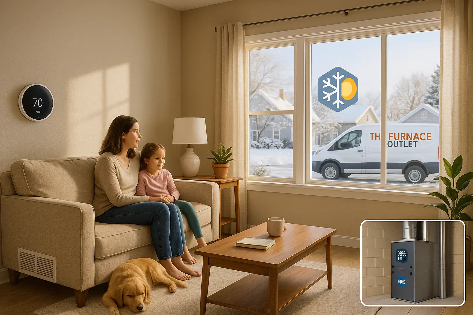 Warm family living room with smart thermostat and service van—trustworthy, energy-efficient heating and cooling.