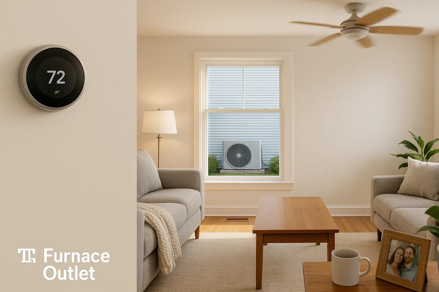 Warm, modern U.S. living room with smart thermostat and outdoor heat pump visible—signaling efficient, reliable heating and cooling by The Furnace Outlet.